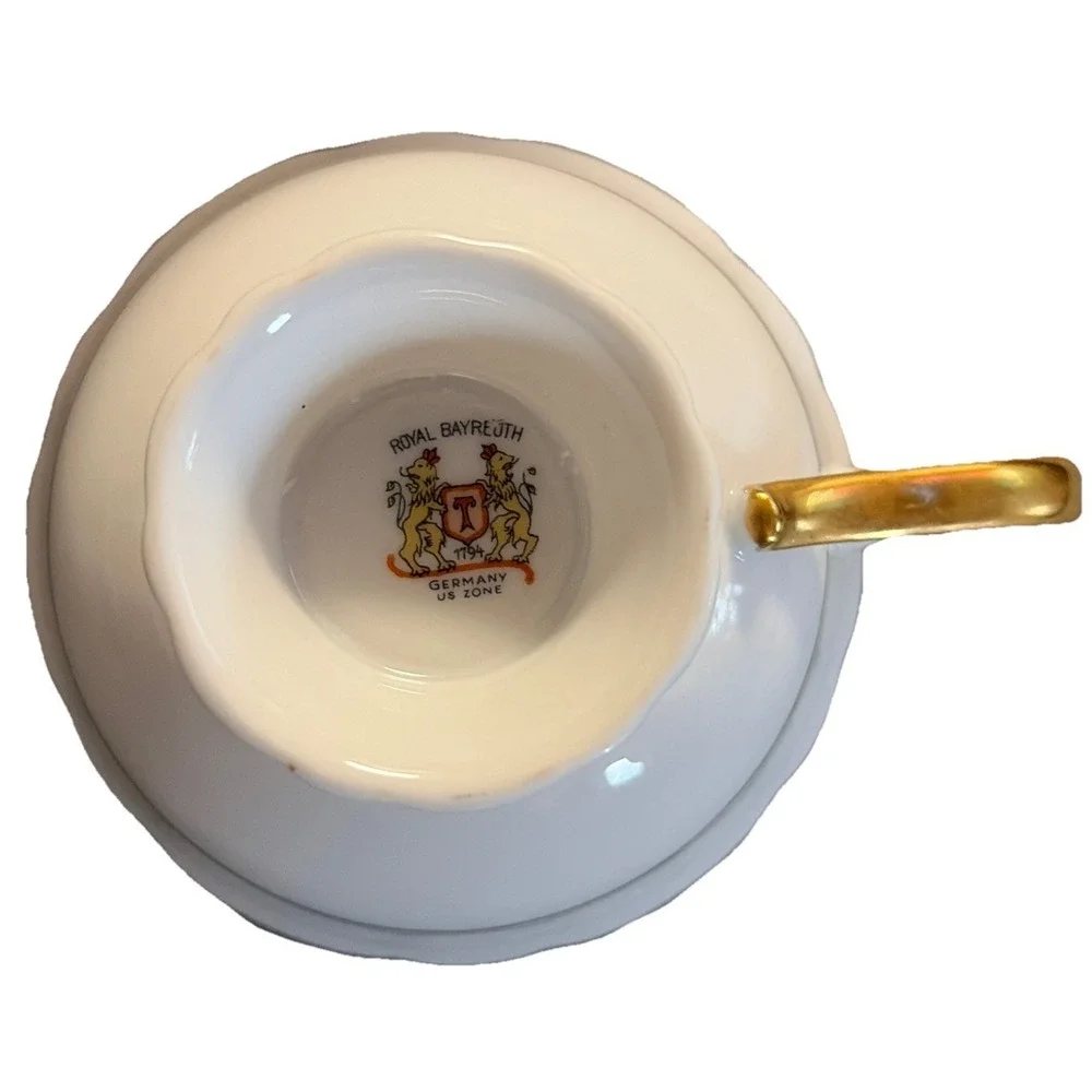 Royal‎  Bayreuth Gray Cup & Saucer With Pink Rose And Gold Trim Germany US Zone